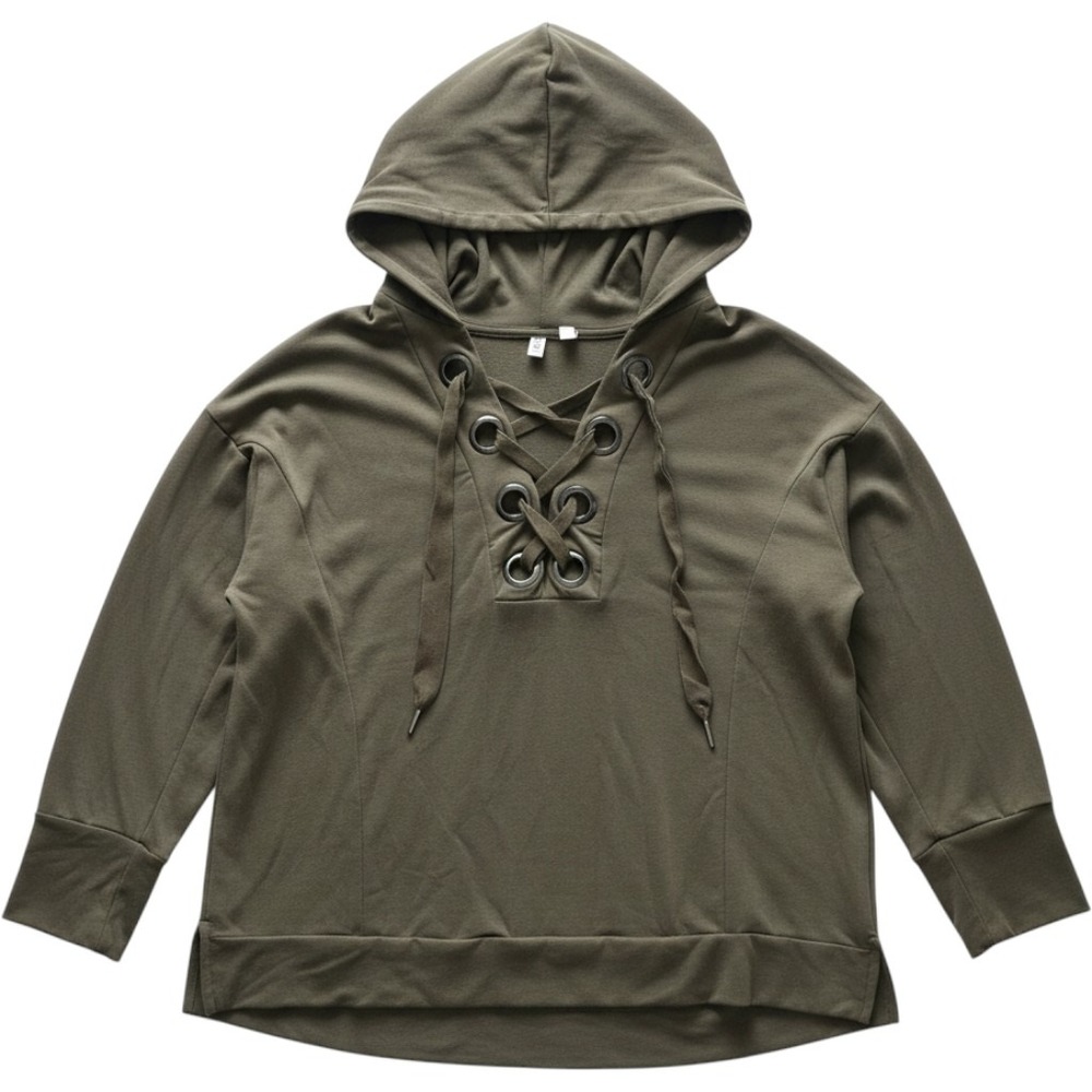 Cable & Gauge Lace Up Hoodie Womens Q Olive Green‎ Excellent Grommet Pullover